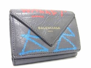 1円 BALENCIAGA バレンシアガ 391446 ペーパーミニ レザー 三つ折り コンパクト 財布 ウォレット 小銭入れ 札入れ グレー系 BE6983