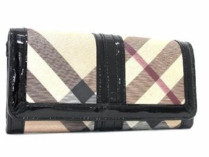 1円 ■美品■ BURBERRY バーバリー PVC×パテントレザー チェック柄 二つ折り 長財布 ウォレット レディース ベージュ系 AT0899