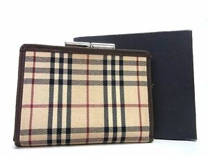 1円 ■美品■ BURBERRY バーバリー ノバチェック ナイロンキャンバス×レザー がま口 二つ折り 財布 ウォレット ブラウン系 AT1742