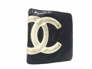 1円 CHANEL シャネル ココマーク マトラッセ カンボンライン レザー 二つ折り がま口 財布 ウォレット 小銭入れ 札入れ ブラック系 AU0467