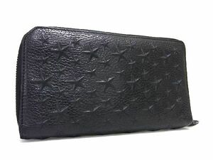 1円 ■美品■ JIMMY CHOO ジミーチュウ カーナビー レザー スターエンボス ラウンドファスナー 長財布 ウォレット ブラック系 AU0419