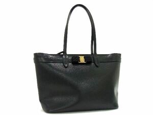 1円 ■美品■ Salvatore Ferragamo フェラガモ AU-21/1082 ヴァラリボン レザー トート ショルダー ハンドバッグ ブラック系 AR9405