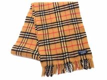 1円 BURBERRY バーバリー ノバチェック ウール100％ フリンジ マフラー ショール 防寒具 レディース メンズ ブラウン系 AU0935_画像1