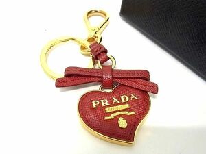 1円 ■美品■ PRADA プラダ サフィアーノレザー ハート キーホルダー キーリング バッグチャーム レディース レッド系×ゴールド系 AU0880