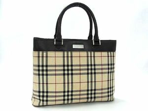 1円 BURBERRY バーバリー ノバチェック キャンバス×レザー ハンドバッグ トート レディース ベージュ系×ブラウン系 AT2207