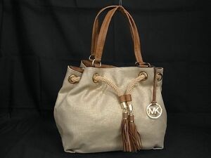 1円 MICHAEL KORS マイケルコース キャンバス×レザー タッセル ハンドバッグ ショルダー 肩掛け レディース ベージュ系 AU2527