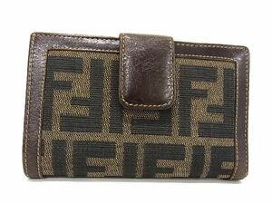 1円 FENDI フェンディ ヴィンテージ ズッカ柄 キャンバス×レザー がま口 二つ折り 財布 ウォレット レディース ブラウン系 AS4188