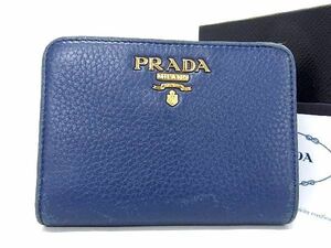 1円 PRADA プラダ 1ML018 レザー 二つ折り 財布 ウォレット メンズ レディース ネイビー系 AR3966H1