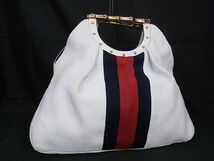 1円 ■美品■ GUCCI グッチ シェリーライン メタルバンブー レザー×キャンバス ハンドバッグ レディース ホワイト系 AS4489_画像1