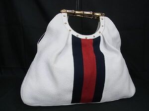 1円 ■美品■ GUCCI グッチ シェリーライン メタルバンブー レザー×キャンバス ハンドバッグ レディース ホワイト系 AS4489