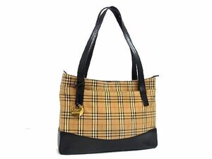 1円 BURBERRY バーバリー ノバチェック キャンバス×レザー トートバッグ ショルダーバッグ 肩掛けかばん ブラック系×ベージュ系 AV0699