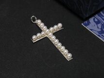 1円 ■極美品■ MIKIMOTO ミキモト 本真珠 アコヤ真珠 パール 約3mm クロス 十字架 ネックレストップ チャーム シルバー系 AT1638_画像1