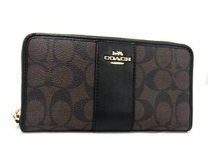 1円 ■美品■ COACH コーチ F54630 シグネチャー PVC×レザー ラウンドファスナー 長財布 ウォレット ダークブラウン系 AT2128