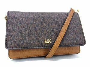 1円 ■極美品■ MICHAEL KORS マイケルコース MK柄 レザー クロスボディ ショルダーウォレット 長財布 レディース ブラウン系 AV1240