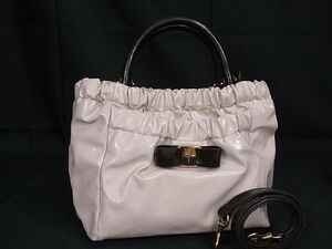 1円 Salvatore Ferragamo フェラガモ ヴァラリボン パテントレザー 2WAY ハンドバッグ ショルダー ピンク系×ブラウン系 AR8889H1