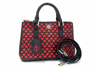 1円 ■極美品■ TORY BURCH トリーバーチ レザー ハート 2WAY ハンドバッグ ショルダー 斜め掛け ネイビー系×レッド系 AV1009