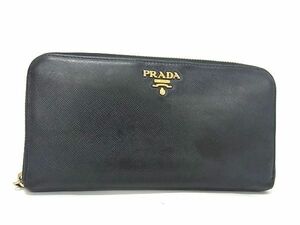 1円 PRADA プラダ サフィアーノレザー ラウンドファスナー 長財布 ウォレット メンズ レディース ブラック系 AU2926