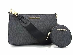 1円 ■美品■ MICHAEL KORS マイケルコース MK柄 PVC×レザー コインケース付き クロスボディ ショルダーバッグ ブラック系 AV1392