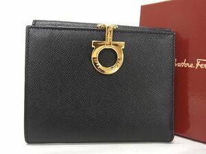 1円 ■新品■未使用■ Salvatore Ferragamo フェラガモ AO-220778 ガンチーニ レザー 二つ折り 財布 ウォレット ブラック系 AS4296