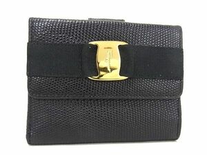 1円 ■美品■ Salvatore Ferragamo フェラガモ ヴァラ リザード型押しレザー 二つ折り 財布 ウォレット レディース ブラック系 AU2983