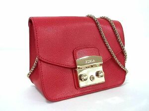 1円 ■新品同様■ FURLA フルラ メトロポリス レザー チェーン ミニバッグ クロスボディ ショルダー 斜め掛け レッド系 AV1539