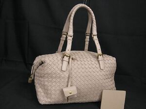 1円 ■美品■ BOTTEGA VENETA ボッテガヴェネタ イントレチャート レザー カデナ付 ミラー付 ハンドバッグ ピンクベージュ系 AU3166