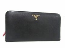 1円 PRADA プラダ サフィアーノレザー 二つ折り 長財布 ウォレット 小銭入れ 札入れ カード入れ レディース ブラック系 AV3294_画像1