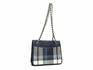 1円 ■美品■ TORY BURCH トリーバーチ フレミング レザー チェーン 編み込み ショルダーバッグ 肩掛け レディース ネイビー系 AT2669