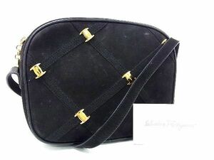 1円 ■美品■ Salvatore Ferragamo フェラガモ BA21C556 ヴァラ スエード クロスボディ ショルダーバッグ レディース ブラック系 AU3363