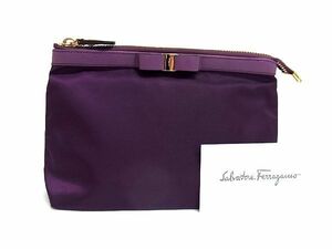 1円 ■美品■ Salvatore Ferragamo フェラガモ ヴァラリボン ナイロン×レザー ポーチ マルチケース レディース パープル系 BG5702