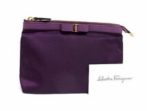 1円 ■美品■ Salvatore Ferragamo フェラガモ ヴァラリボン ナイロン×レザー ポーチ マルチケース レディース パープル系 BG5702_画像1