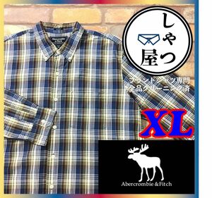 SD7-509◆BIGサイズ◆状態良好【Abercrombie&Fitch アバクロ】長袖 ボタンダウン チェックシャツ【メンズ XL】カーキ 紺 古着 アメカジ