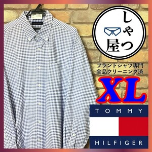 ME9-416◆BIGサイズ◆良品◆【TOMMY HILFIGER トミーヒルフィガー】ストレッチ チェック 長袖 ボタンダウンシャツ【メンズ XL】青