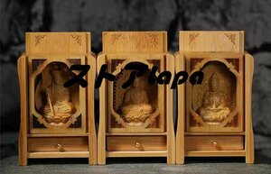 仏像 釈迦三尊 釈迦如来 文殊菩薩 普賢菩薩 木彫仏像 木彫り 木製 厨子入り仏像 極小仏 q2477