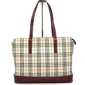 1円 BURBERRY バーバリー ノバチェック キャンバス レザー トートバッグ ショルダー 肩掛け ベージュ ボルドー