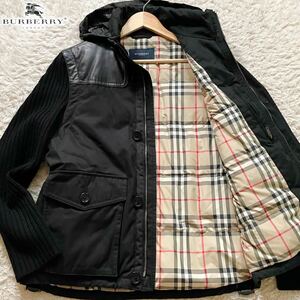 美品/Lサイズ●バーバリーロンドン ニット切替 4way ダウンジャケット ベスト BURBERRY LONDON 羊革ラムレザー切替 ダウン90% ノバチェック