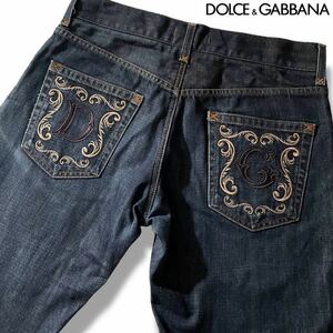 極美品/Lサイズ●ドルチェ&ガッバーナ デニム ジーンズ ジーパン パンツ DOLCE&GABBANA ドルガバ インディゴ ビッグDG ロゴ刺繍 48