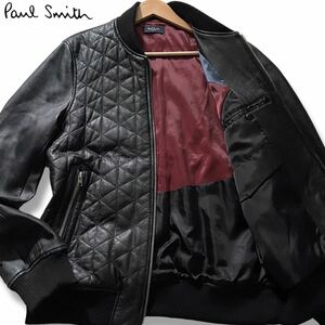 極美品/XLサイズ●ポールスミス ラムレザージャケット ジップ ブルゾン スタジャン Paul Smith Jeans 羊革 ダイヤ風 キルティング 中綿 黒