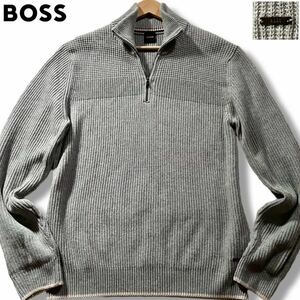 極美品/L相当●現行タグ ボス ヒューゴ ハーフジップ ニット セーター BOSS HUGO 切替 凸凹 ワッフル風 ロゴ金具 ◆カシミヤ混 大谷翔平