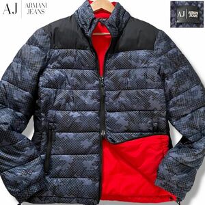 極美品/Lサイズ●アルマーニ ジーンズ リバーシブル ダウンジャケット ブルゾン ARMANI JEANS 中綿 イーグルロゴ総柄 肩ロゴパッチ 48