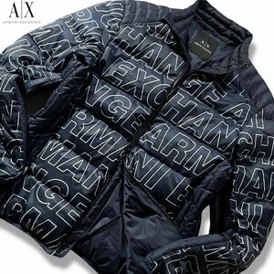 美品/L相当●アルマーニ エクスチェンジ ダウンジャケット アウター ARMANI EXCHANGE ダブルジップ ロゴ総柄 リアルダウン80% ネイビー