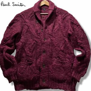 美品/XLサイズ●ポールスミス ニットジャケット ショールカラー カーディガン PS Paul Smith ウール アルパカ混 光沢 メタリック ボルドー