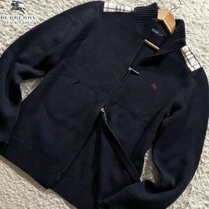 美品/希少L●バーバリーブラックレーベル カシミヤ混　ドライバーズニット ジップジャケットBURBERRY BLACK LABEL ホースロゴ ノバチェック