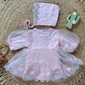 ベビードレス セレモニードレス 帽子付 お宮参り 100日 お食い初め ロンパース 退院 結婚式 ひな祭り 桃の節句 ピンク長袖