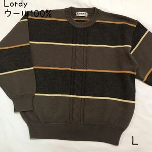 美品★Lordy レトロ ケーブルニットセーター ボーダー マルチブロック クルーネックニットセーター 長袖 L ウールマーク