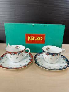 KENZO ケンゾー ティーカップ 花柄 カップ＆ソーサー 青 赤 ペア 箱付き