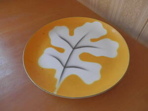 昭和レトロ葉っぱ柄 黄色イエロー 陶器プレート（27㎝） 　陶器中皿食器　*1123