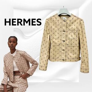 高級 ガーメントハンガー付き HERMES エルメス 22SS Cliquetis クリック プリント 総柄 ストレッチ ノーカラー デニムジャケット 2E0254DS