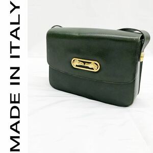 MADE IN ITALY イタリア製 リアルレザー グリーン レザーショルダーバッグ ゴールド金具 馬 ミニポーチ付ヴィンテージ