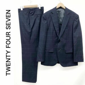 TWENTY FOUR SEVEN 24/7 洋服の青山 メンズ セットアップスーツ ジャケット 背抜き 2B パンツ ダークネイビー 濃紺 チェック柄 AB6 L相当